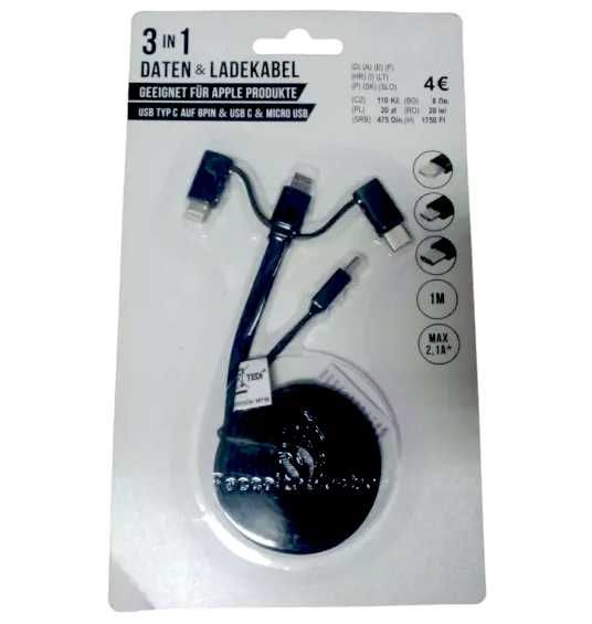 Kabel 3W1 USB typ C - LIGHTNING/MICRO/USB-C Szybkie ładowanie 1m