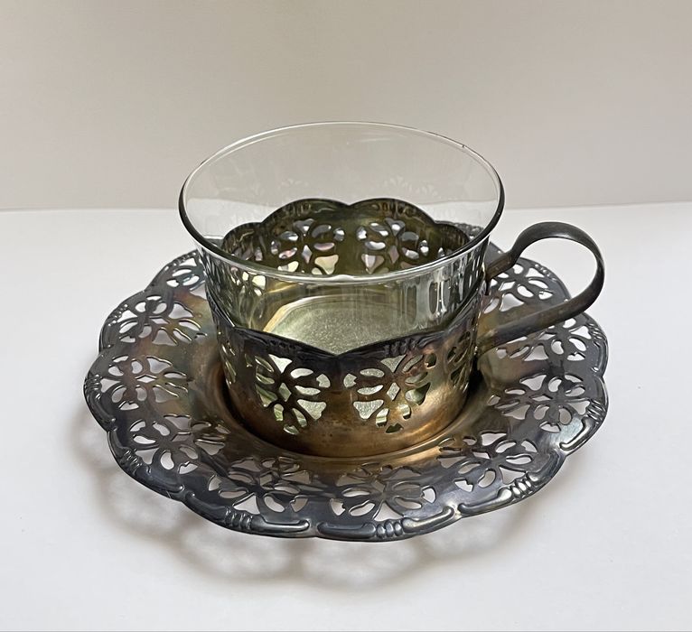 Szklanka koszyczek podstawka posrebrzane plater retro vintage lata 60