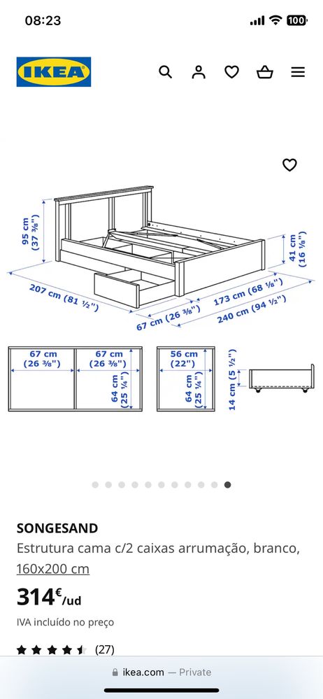 SONGESAND Estrutura cama c/2 caixas arrumação, castanho , 160x200 cm