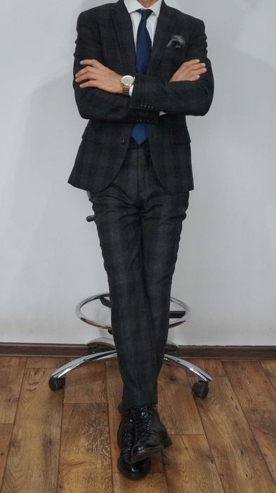 Garnitur H&M Wełna Rozmiar 46 170/92/80 Slim Fit Kolor Szary Krata