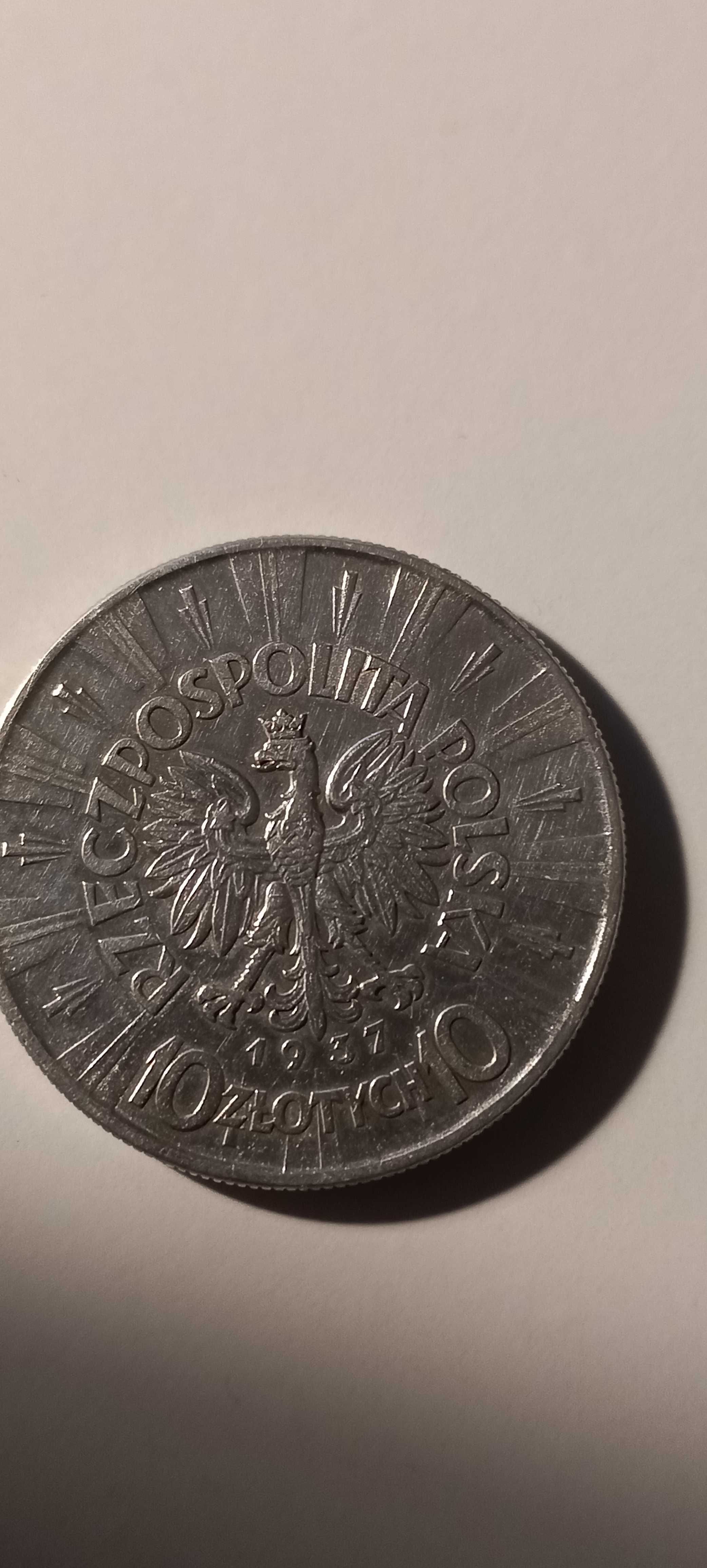 Moneta srebrna. 10 zł. Józef Piłsudski. 1937 rok. Stan 4-. Obiegowa.