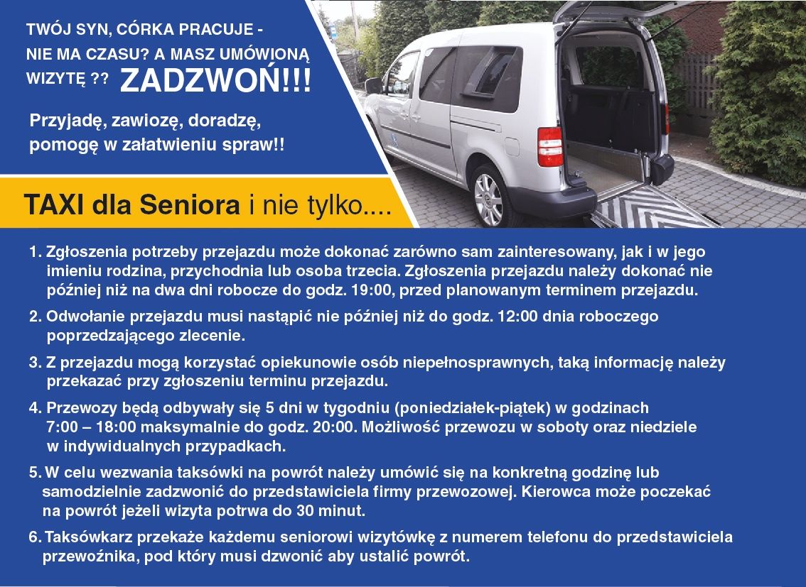 Taxi senior przewóz osób niepełnosprawnych na wózku transport 7osobow