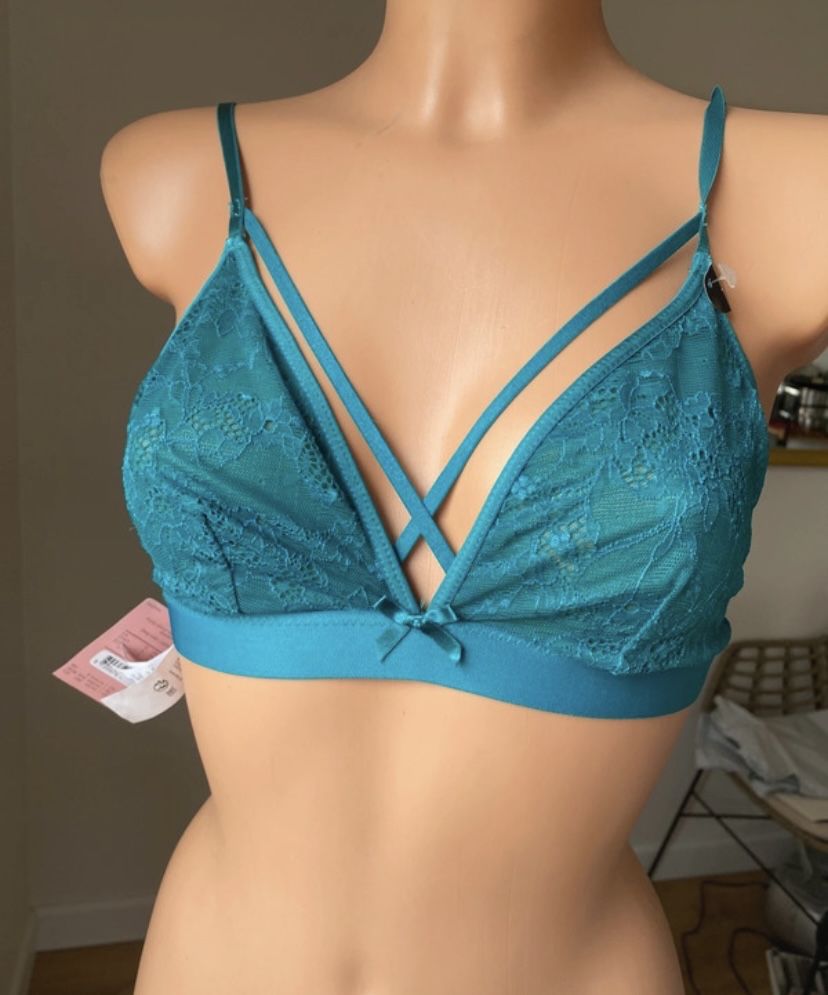 hunkemoller stanik cienki top niebieski koronkowy L