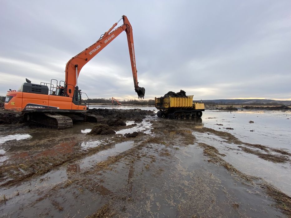 Koparka LONG, wynajem, roboty ziemne, kopanie stawów