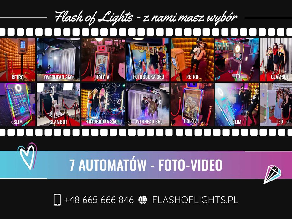 7 automatów fotolustro fotobudka led retro 360 overhead ai glambot