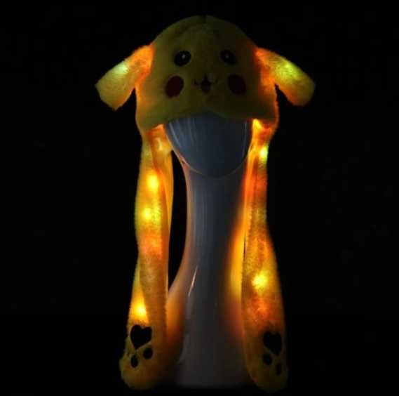 Pluszowa czapka z ruchomymi uszami Pikachu Pokemon, świecąca LED