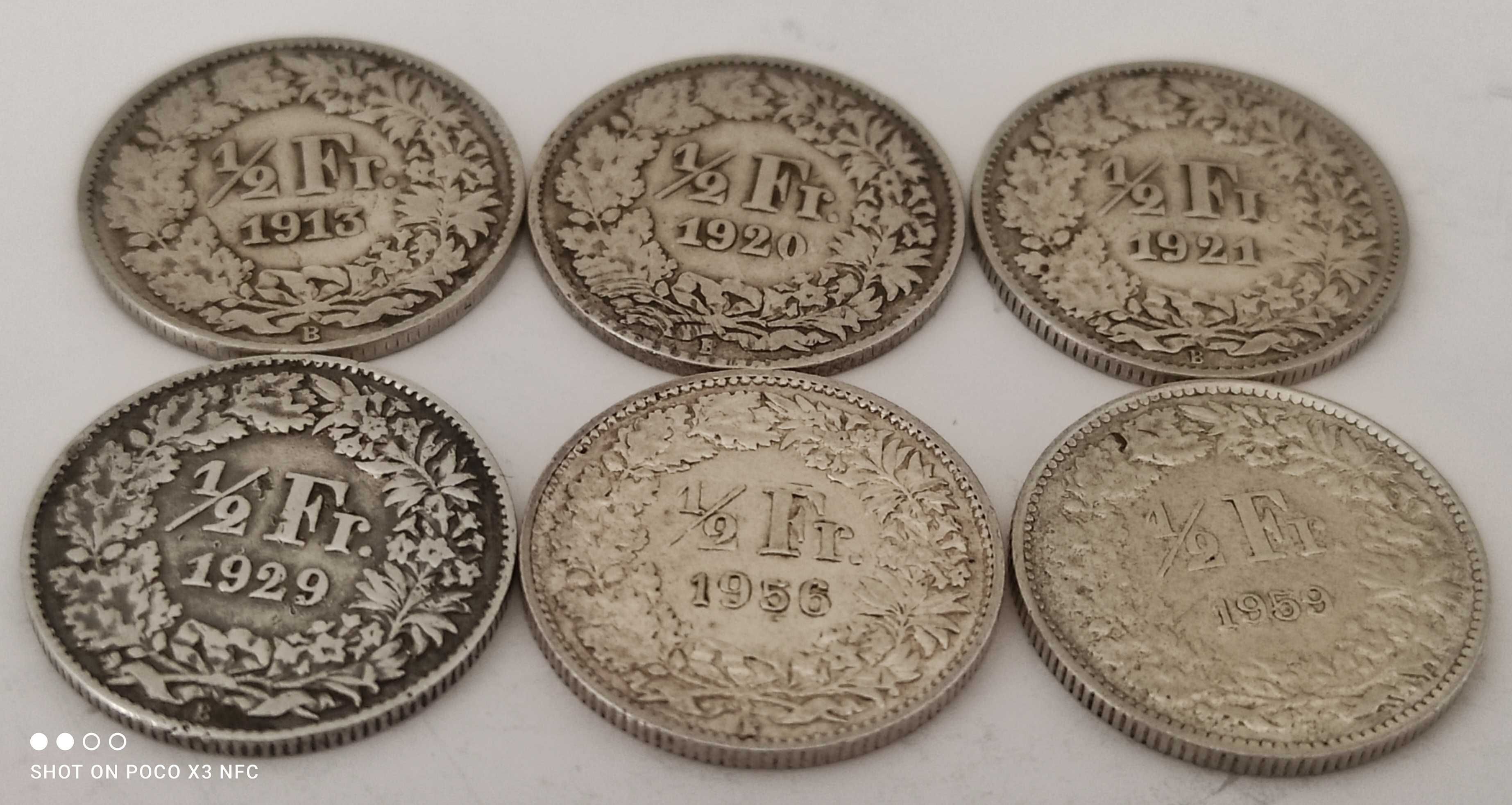 Monety srebrne zestaw 6 sztuk Szwajcaria 1/2 franka ładne srebro Ag