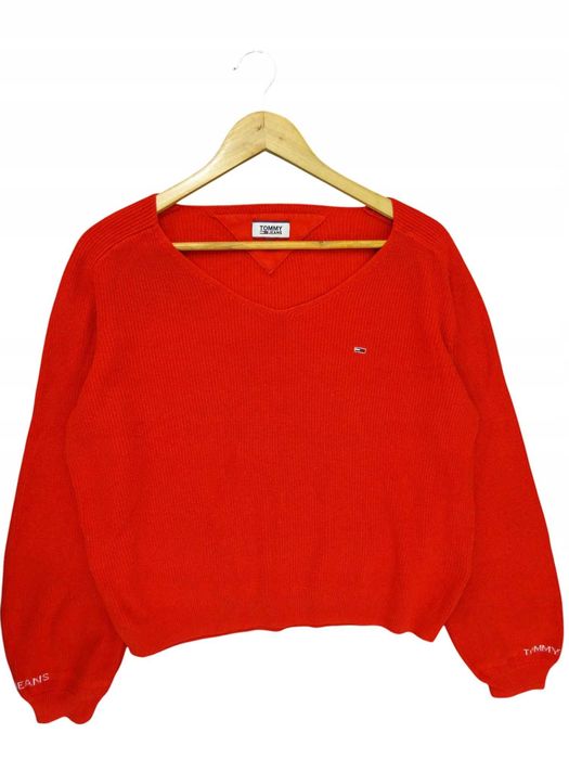 H6 oversize sweter damski Tommy Hilfiger czerwony dziergany serek M 38
