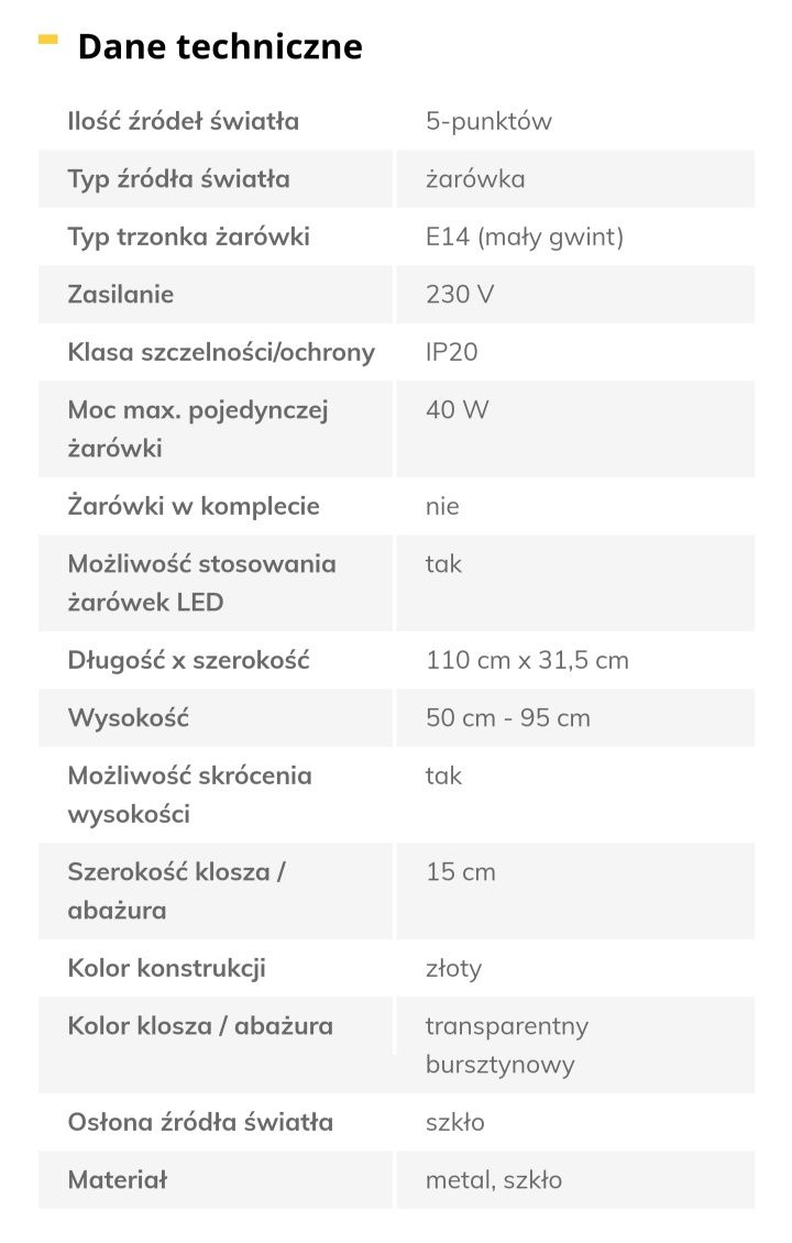 Nowa Dansa lampa wisząca 5-punktowa złota (model Alfa)