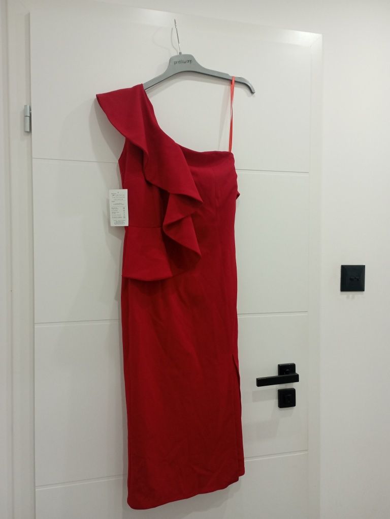 Sukienka czerwona na jedno ramię 34 XS święta studniówka sylwester