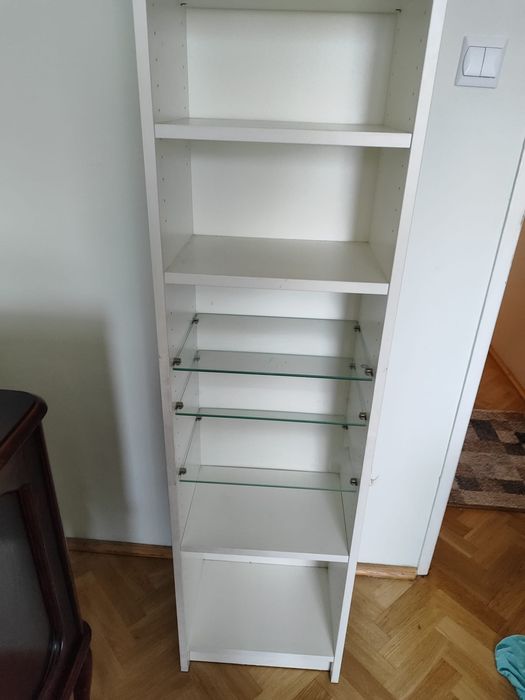 Regał jak ikea billy z drewnianymi i szklanymi pólkami 40x28x202 bialy