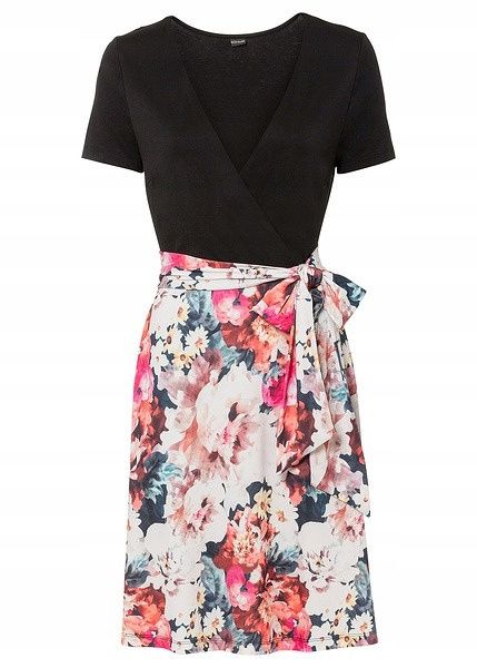 B.P.C czarna sukienka z częścią spódnicową w kwiaty r.40/42