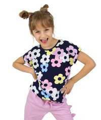T-shirt Koszulka dziewczęca Bawełna 152 granatowa kwiatki  Endo