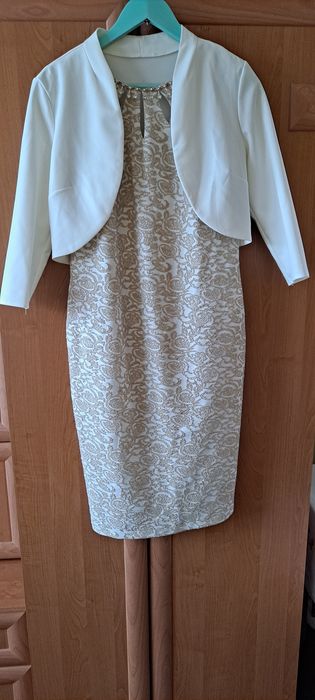 Sukienka ecru ze złotą nitką,elegancka na komunię Gratis kopertówka!