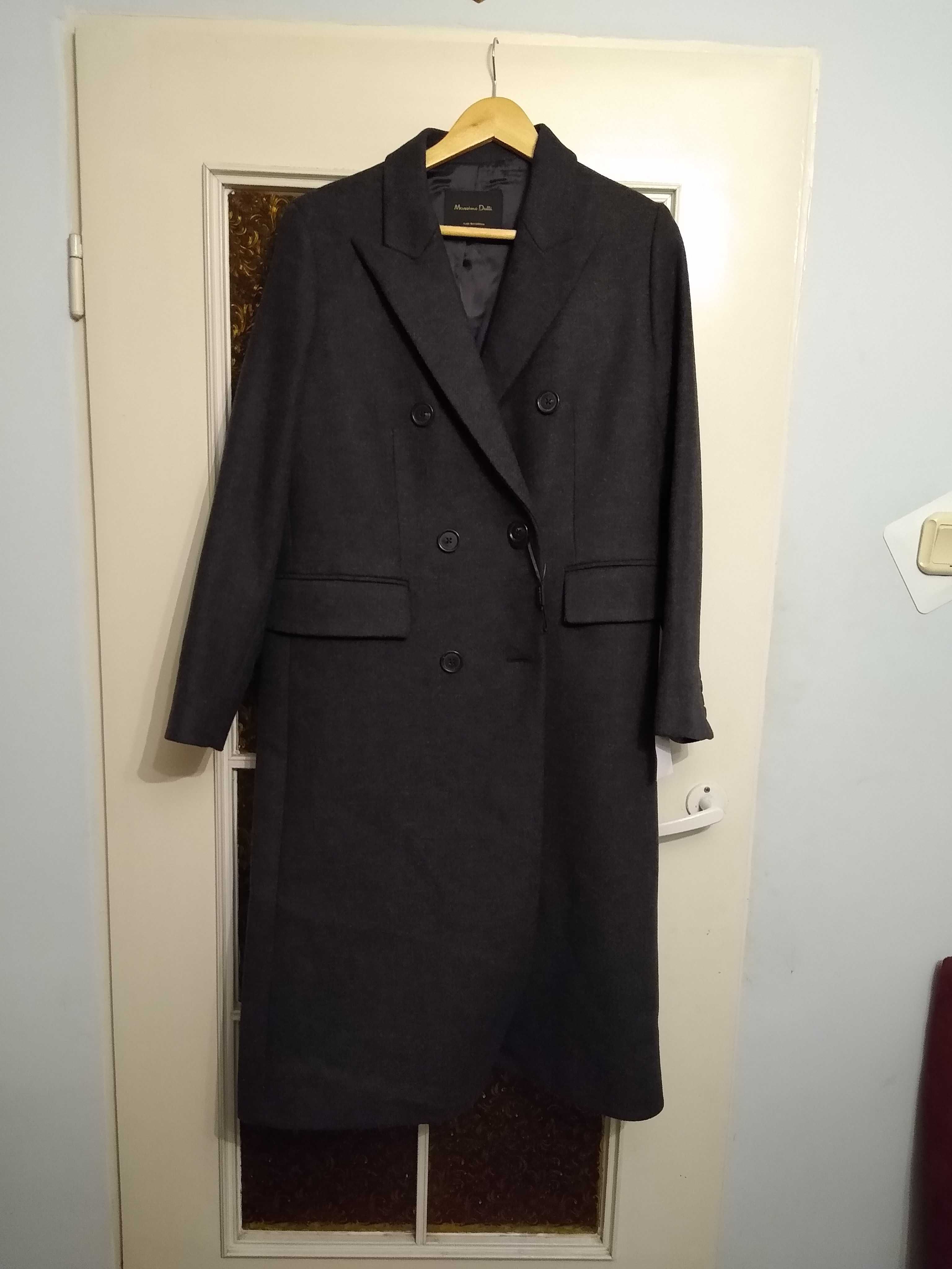 Massimo Dutti nowy damski szary wełniany płaszcz roz. 42, dł. 114 cm