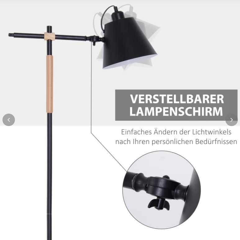 Nowa Lampa Stojąca Podłogowa Czarna + Drewno 155cm