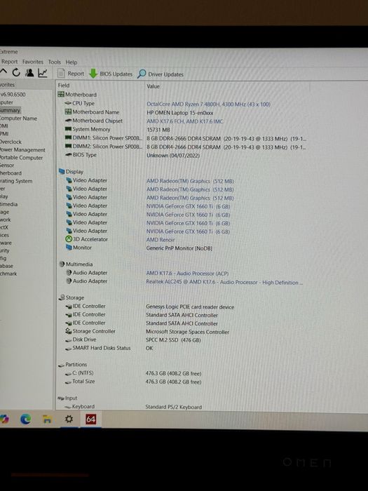 Ігровий HP Omen 15 (GTX 1660Ti 6gb/144Hz/ Ryzen 7 4800H/16Gb/512Gb SSD