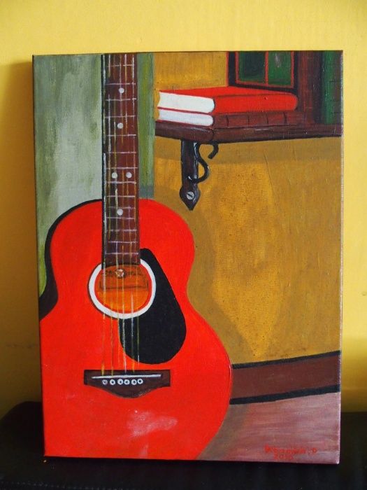 (hiszpanska ?) czerwona GITARA, obraz olejny 30x40 cm, (flamenco?)