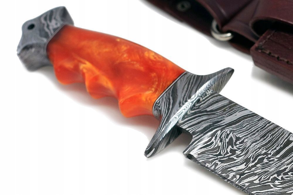 Nóż myśliwski ręcznie wykonany wojskowy BOWIE stal DAMASCEŃSKA ETUI