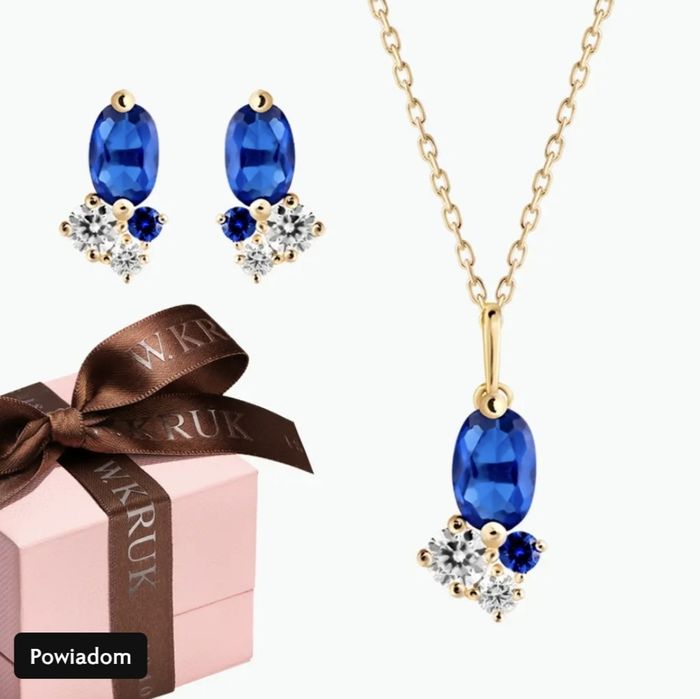 Komplet biżuterii W.Kruk złoto 375 z niebieskimi cyrkoniami