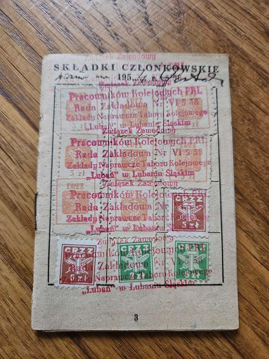 Związkowa legitymacja członkowska Pracowników Kolejowych PRL