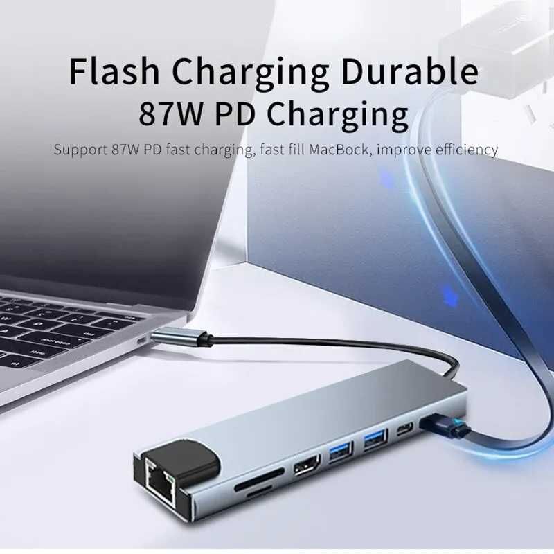 Адаптер концентратор USB 8 в 1 Type C 4k Hdmi Rj45  Charge For Macbook