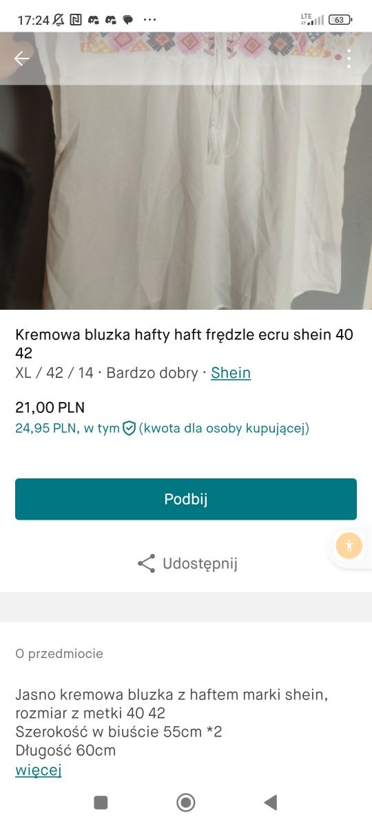 Kremowa bluzka hafty haft frędzle shein 40 42