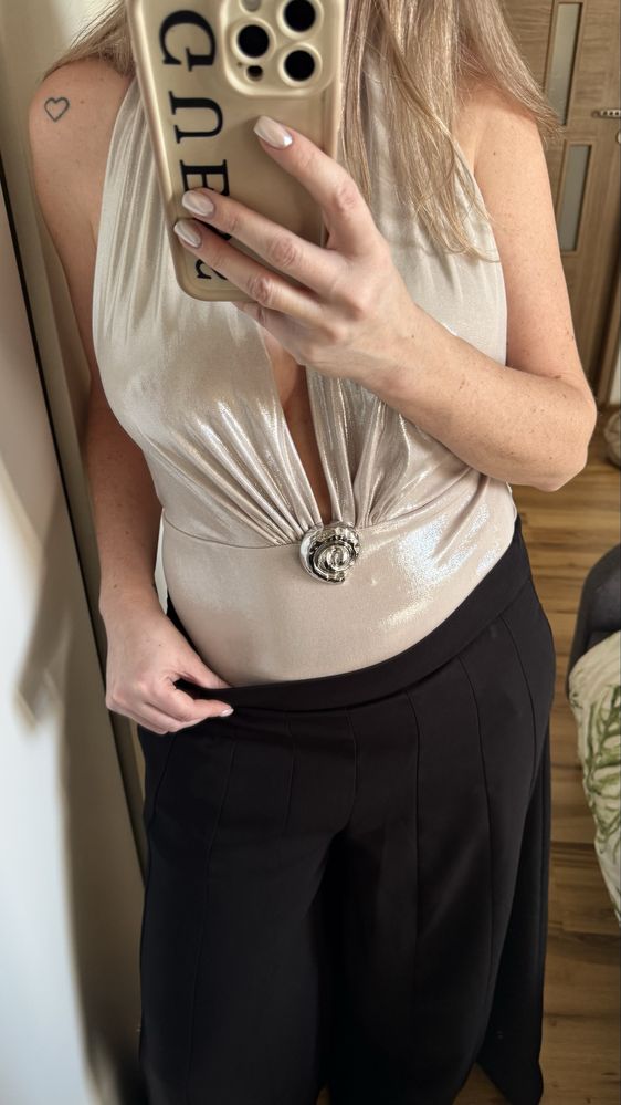 Nowe body strój kąpielowy srebrne ZARA odkryte plecy S 36