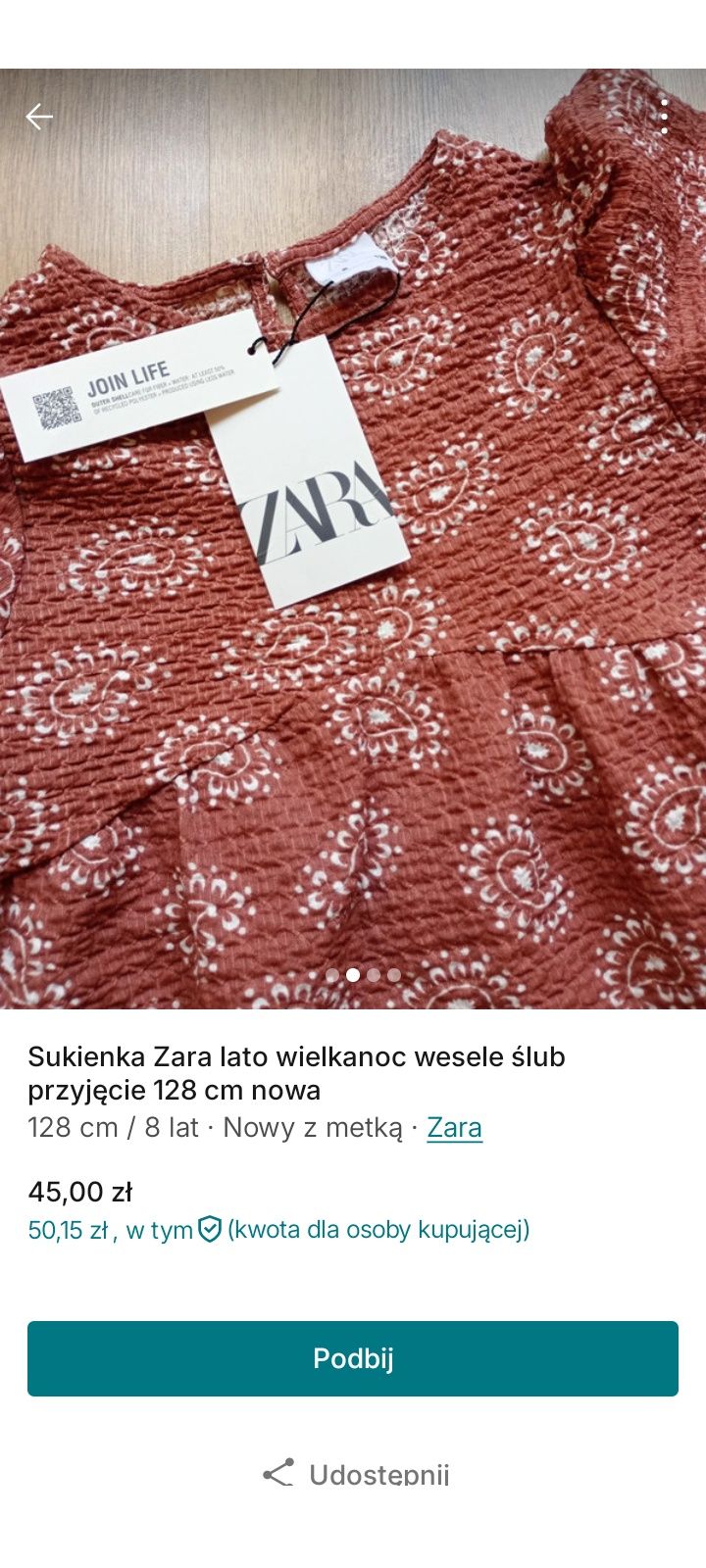 Sukienka Wielkanoc wiosna wesele zara rozmiar 128