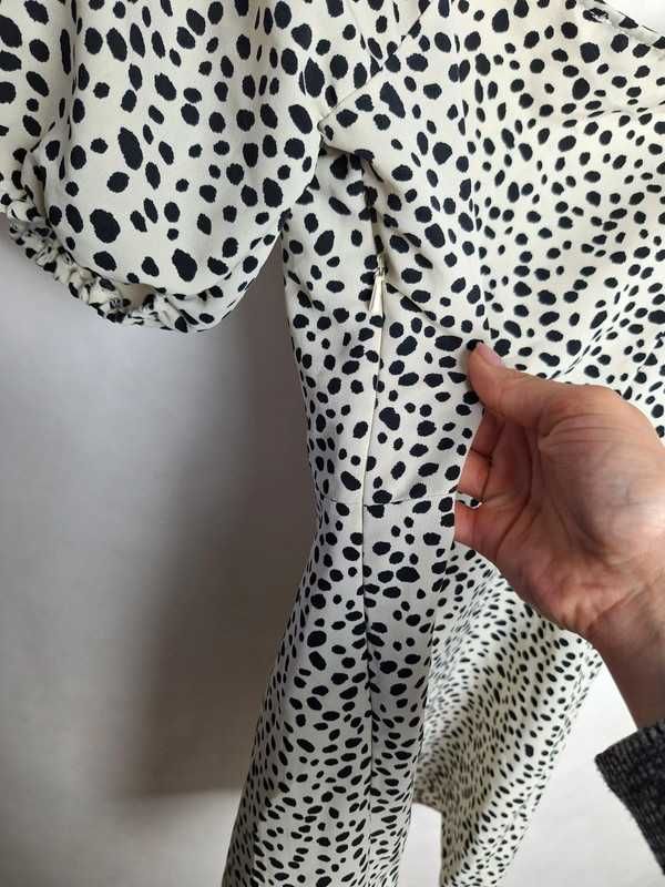 Kremowa sukienka w ciapki milkmaid krótkie bufiaste rękawki 38 10 M
