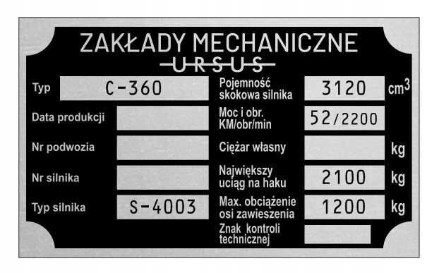 Tabliczka znamionowa Ursus C-330 C-360 C-4011 C-355
