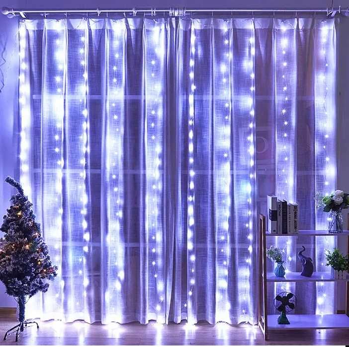 Kurtyna świetlna 300 led lampki choinkowe girlanda biała zimna pilot