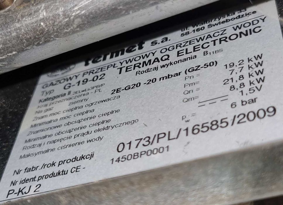 Podgrzewacz gazowy przepływowy wody Termet ThermaQ G19-02 piec junkers