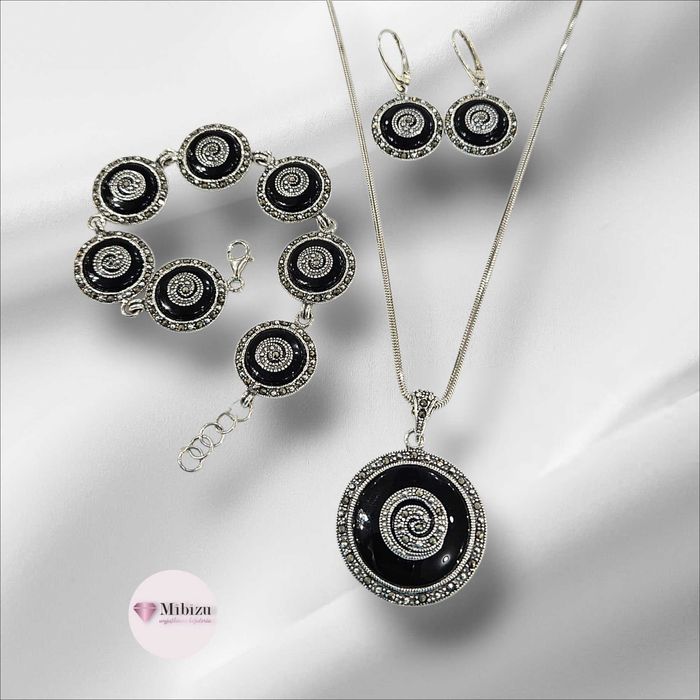 Nowy Srebrny komplet onyks i markazyty bransoletka +kolczyki+ wisiorek