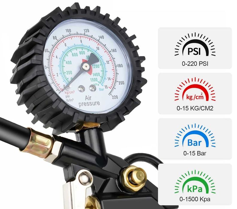 Pistolet do Pompowania Kół Opon z Manometrem PSI Bar kPa kg/cm2