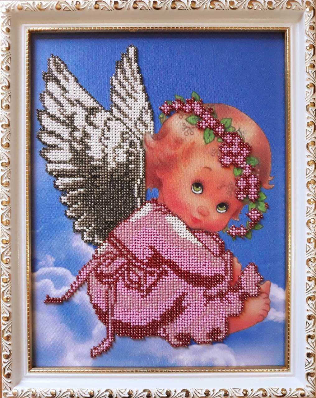 Quadro em bordado com miçangas à mão "Anjo - menina"