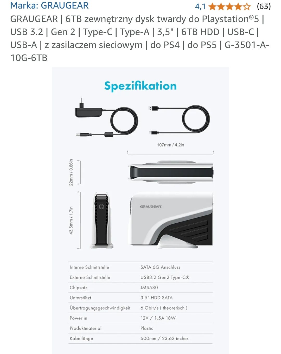 Zewnętrzny dysk graugear 6 TB