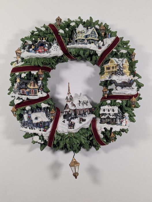 Wieniec zimowy Kinkade świąteczny na drzwi wianek na święta wioska