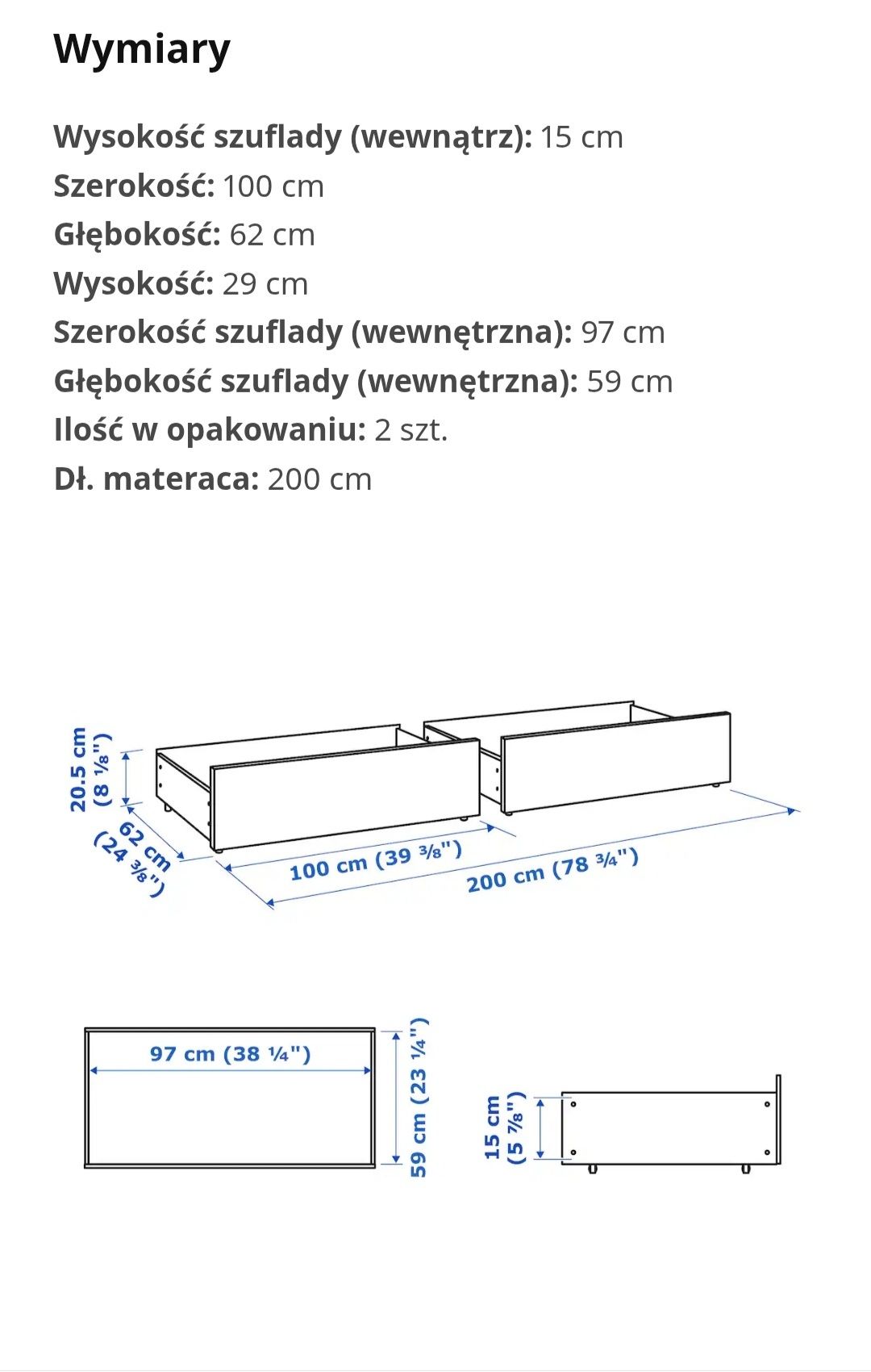 2x Ikea Malm szuflady pojemnik pod łóżko