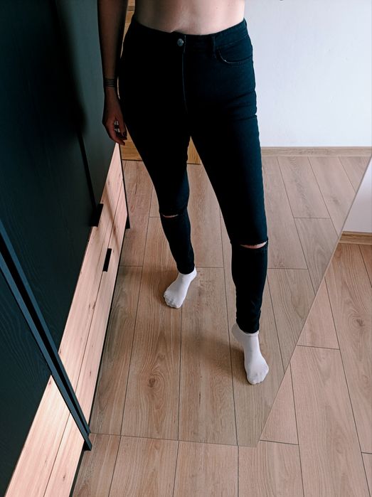 Spodnie jeansowe, Regular Size, czarne, rurki, wysoki stan, 38, M, H&M