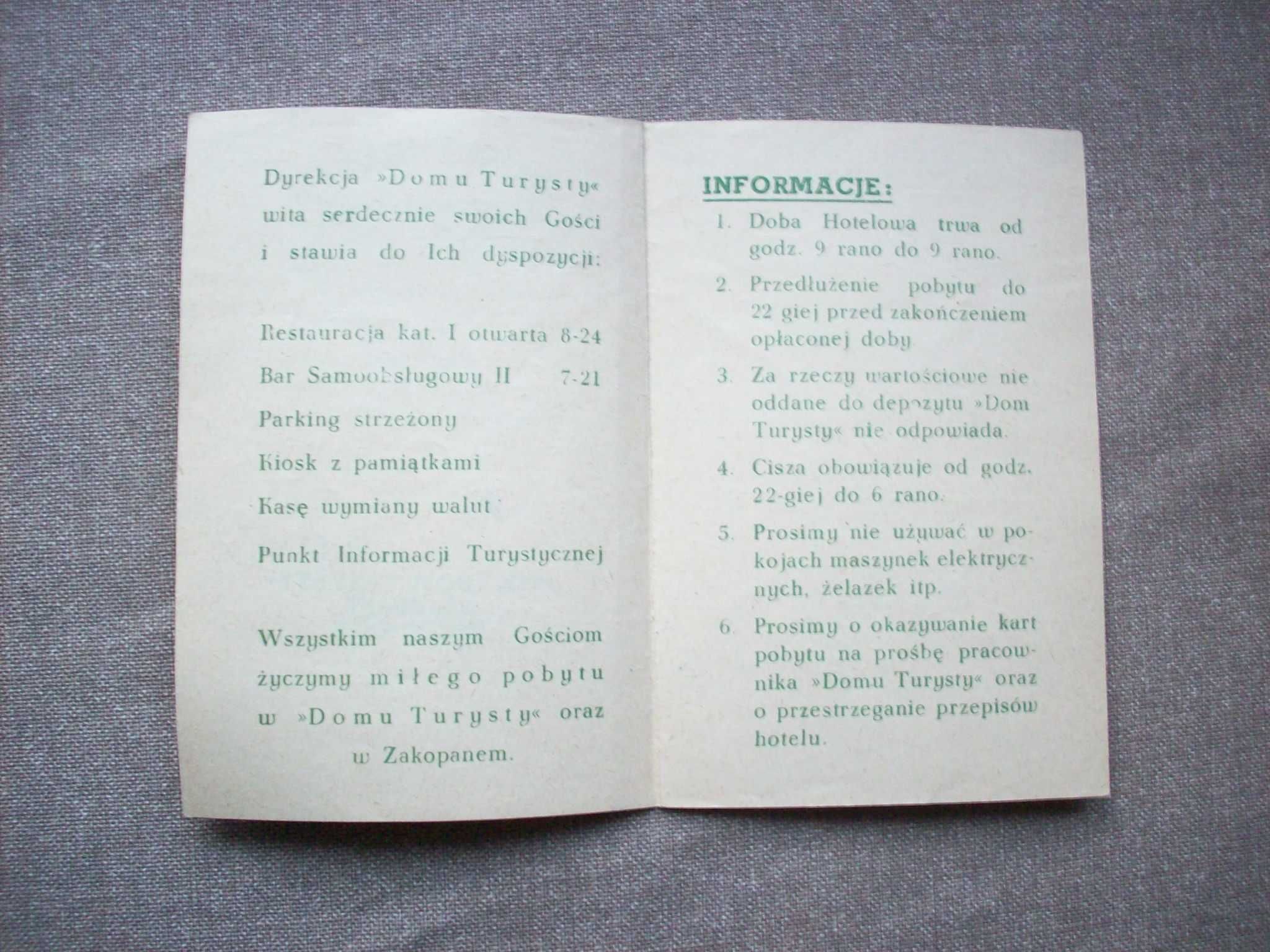 Karta pobytu, Dom Turysty, Zakopane, 1973, PRL.
