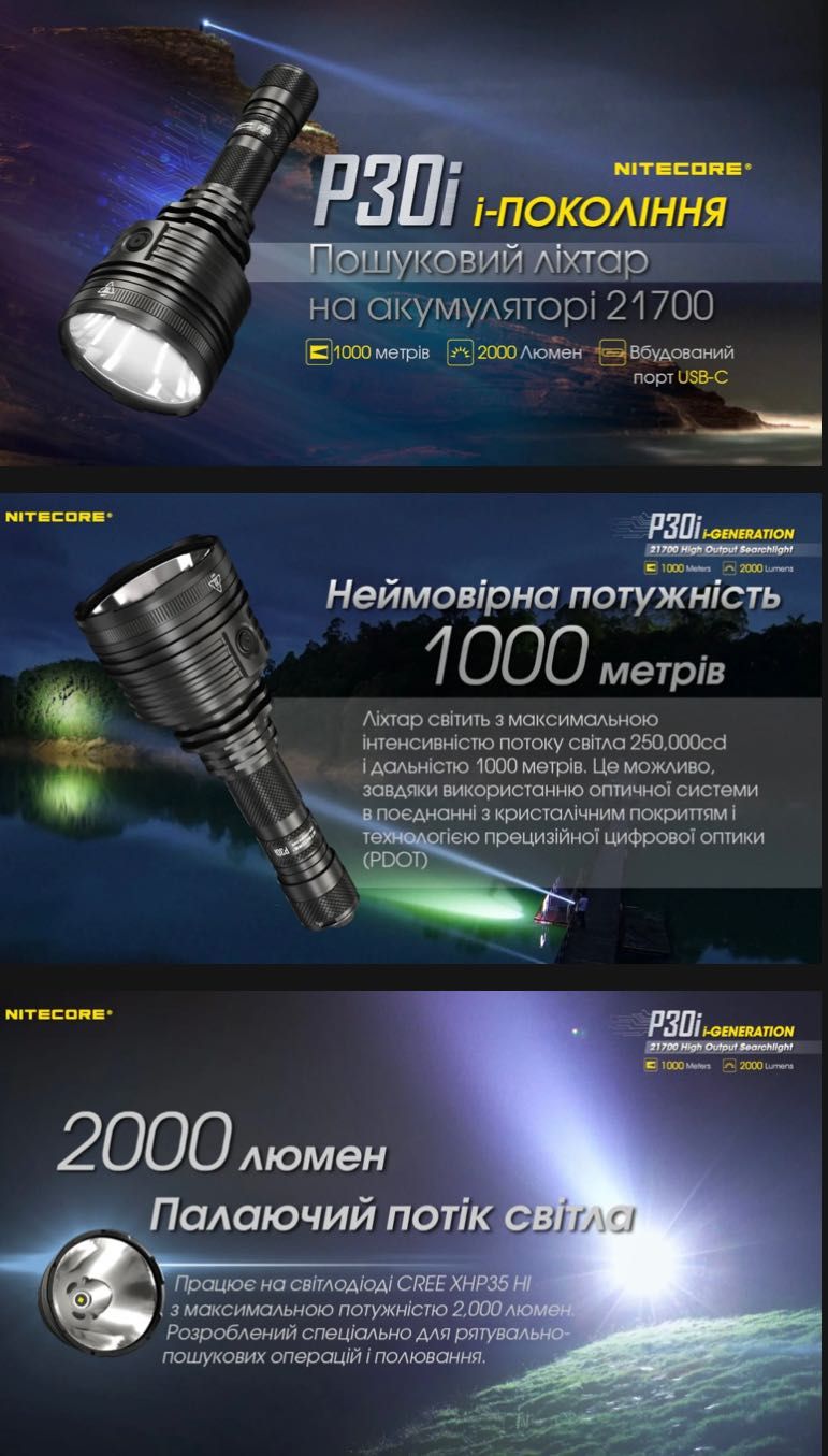 Nitecore P30i/Тактичний далекобійний ручний ліхтар/1000метрів/