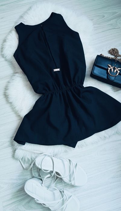 Piękny 100%len dobra metka  czarny zwiewny kombinezon sukienka spódnic