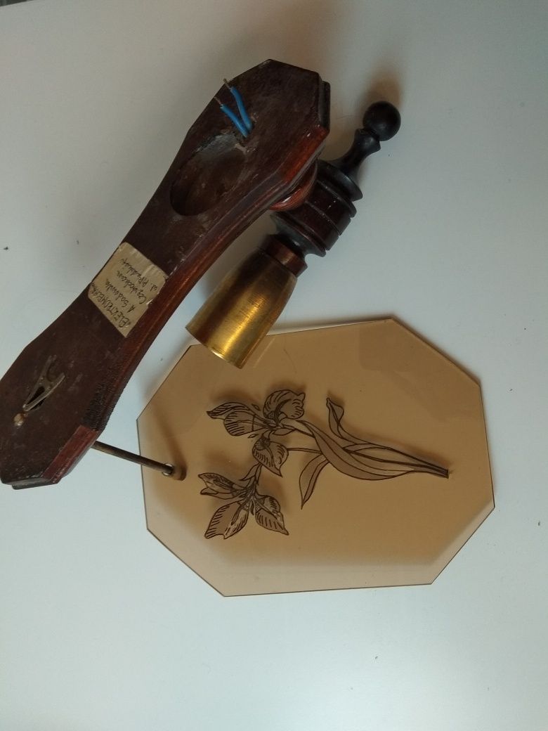 3 lampka kinkiety vintage  PRL z malowanymi szybkami, ręczn