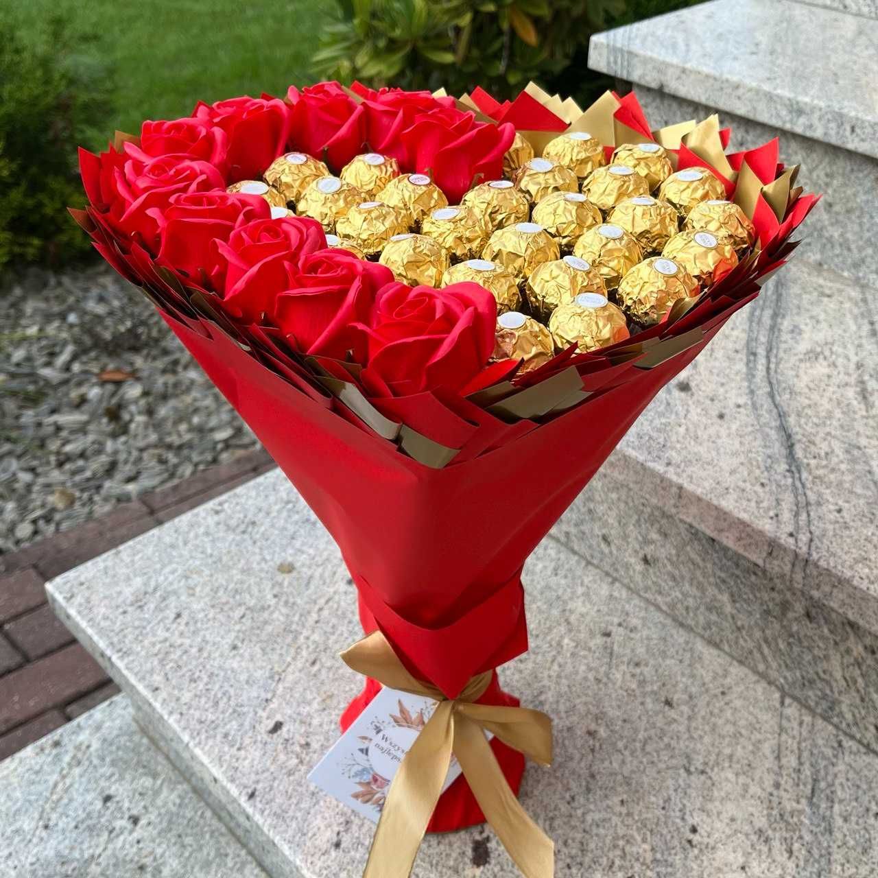 Bukiet serce Ferrero Rocher róże mydlane. Prezent na 40 urodziny. Ślub