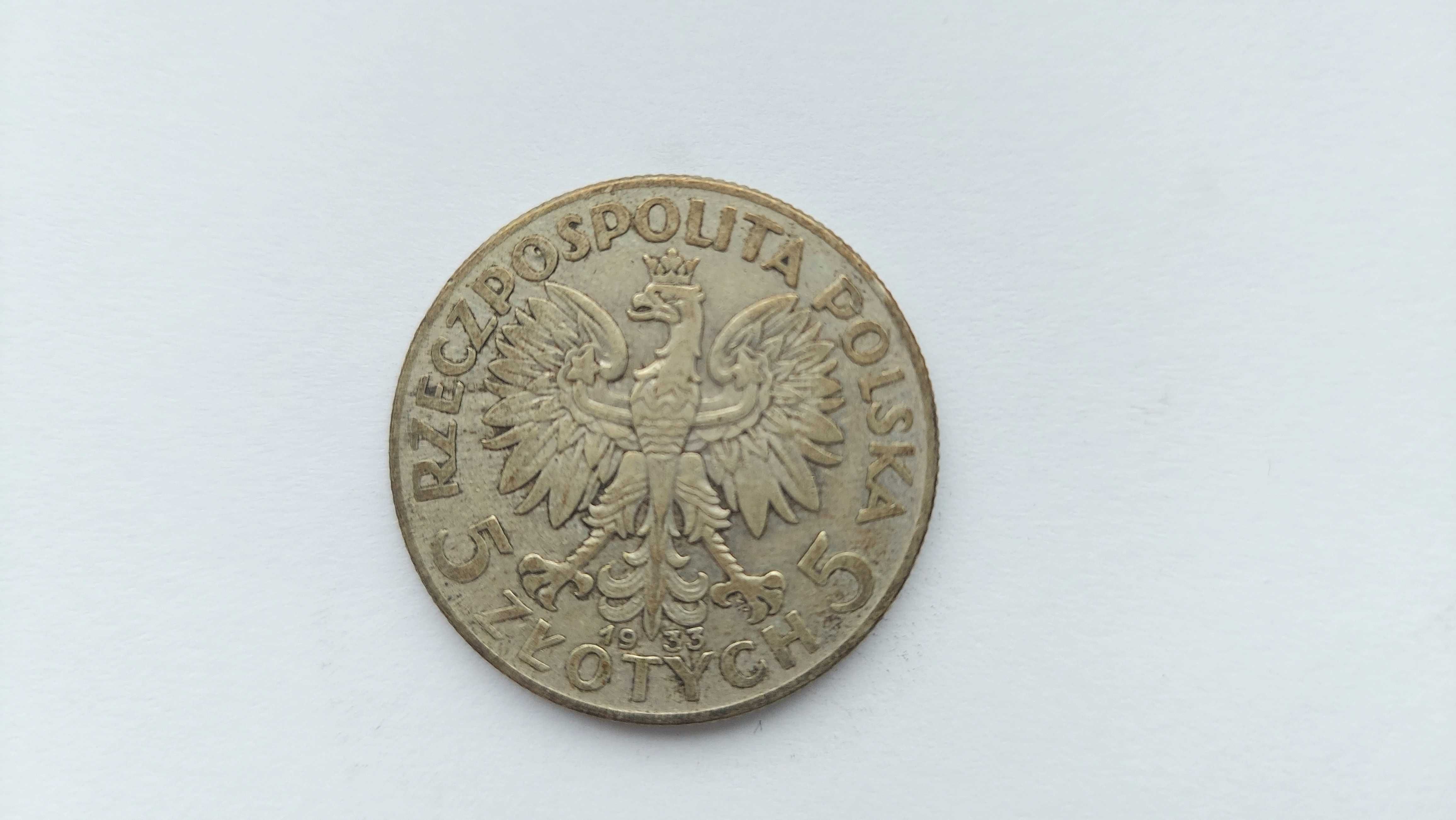 Moneta SREBRNA PRZEDWOJENNA 5 zł POLONIA Głowa Kobiety z 1933 r roku 2