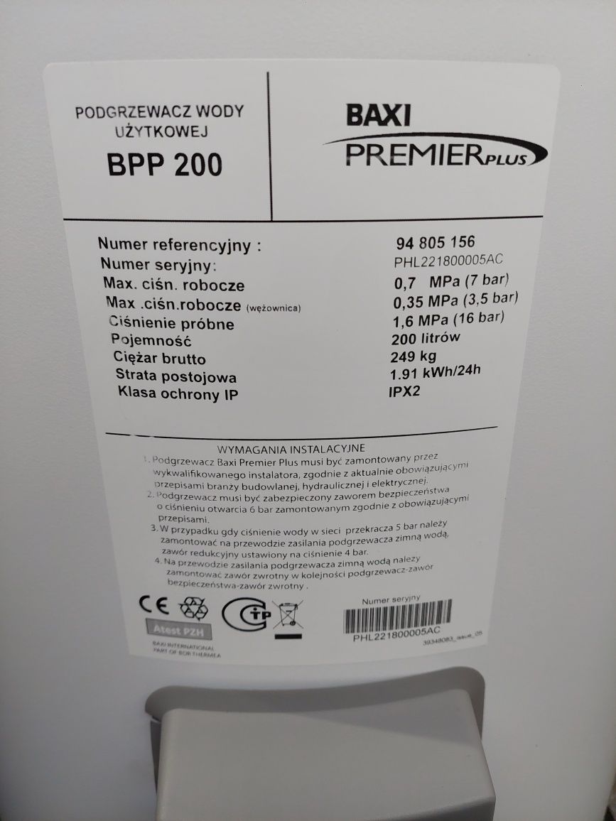 Zbiornik bojler nierdzewny cwu  bpp200 Baxi
