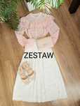 Elegancki zestaw MIDI biała spódnica pudrowy róż bluzka XS-S