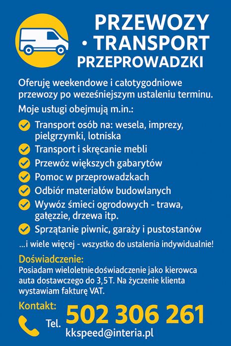 Przeprowadzki utylizacja smieci transportu osób na wesela, lotniska