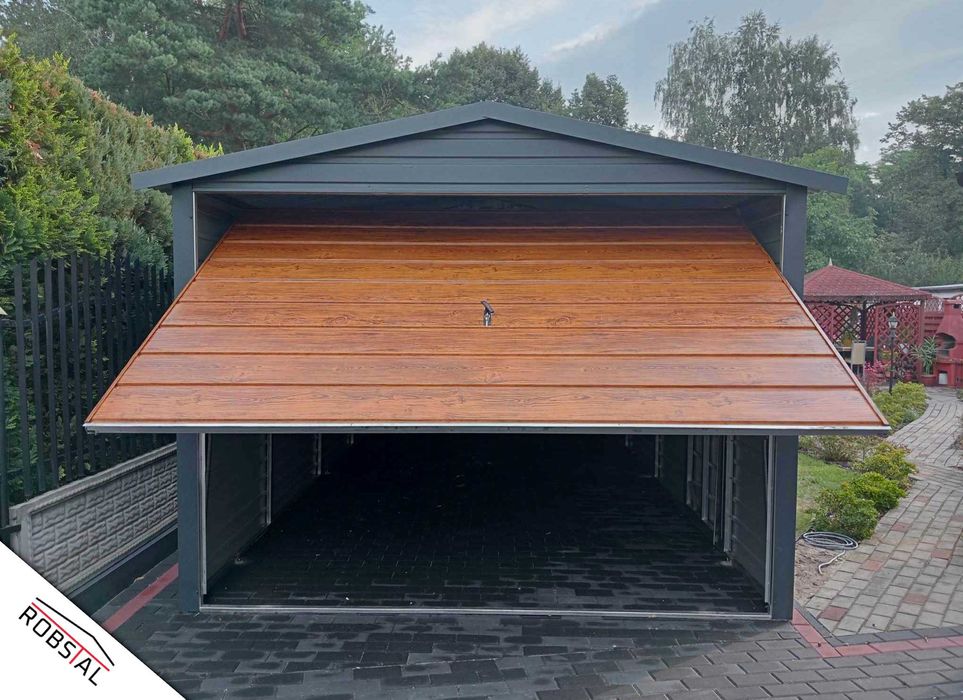 Garaż Blaszany dwuspadowy 3x5m ciemny grafit + złoty dąb